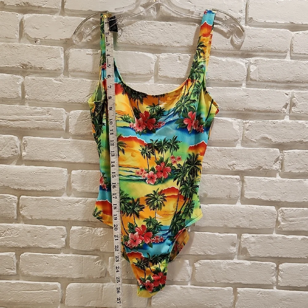 Yellow and Green One Piece Swimwear with Tropical Print and Playful Pom Poms - Picture 4 of 7